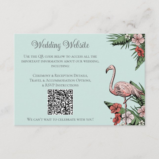 Flamingo Tropical Wedding Turquoise QR Card (Front)
