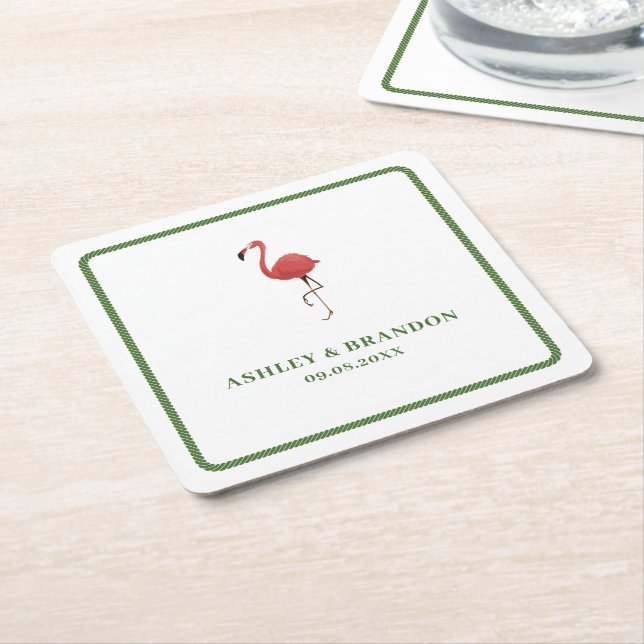 Flamingo Tropics Beach Coastal Retro Wedding Square Paper Coaster (Angled)