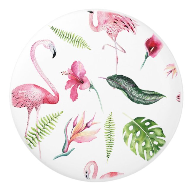 Flamingo Tropics Summer Island Chic Hibiscus Pink Ceramic Knob (Front)