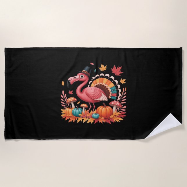 Flamingo Turkey Cute Flamingo Turkey Fall Leaf Tha Beach Towel (Front)