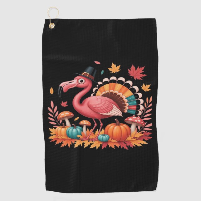 Flamingo Turkey Cute Flamingo Turkey Fall Leaf Tha Golf Towel (Front)