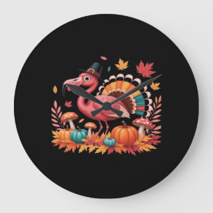 Flamingo Turkey Cute Flamingo Turkey Fall Leaf Tha Large Clock
