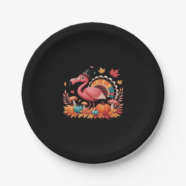 Flamingo Turkey Cute Flamingo Turkey Fall Leaf Tha Paper Plate (Front)