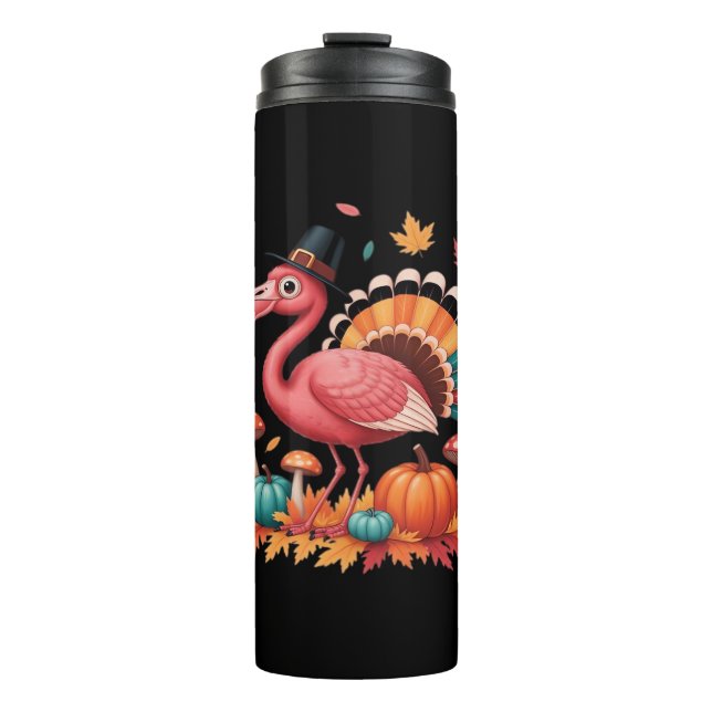 Flamingo Turkey Cute Flamingo Turkey Fall Leaf Tha Thermal Tumbler (Front)
