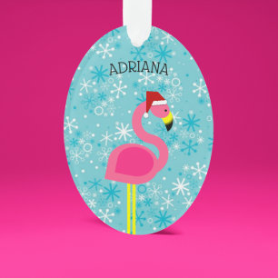 Flamingo Turquoise Snowflake Tropical Christmas Ornament