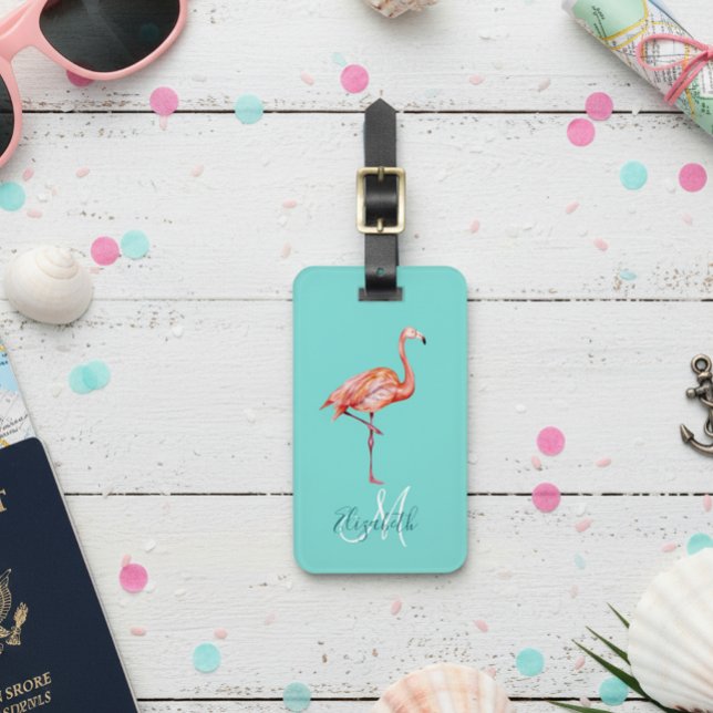 Flamingo Turquoise  Trendy Summer Monogram Luggage Tag (Creator Uploaded)