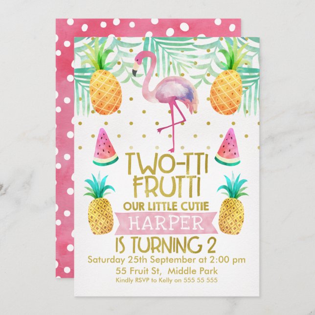 Flamingo Two-Tii Frutti 2nd Birthday Invitation (Front/Back)