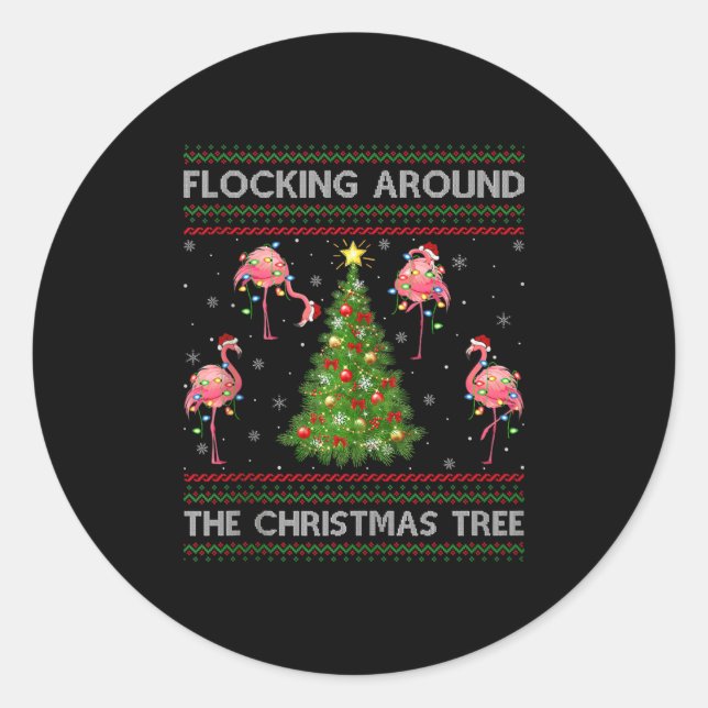 Flamingo Ugly Christmas Sweater Style Flamingo Bir Classic Round Sticker (Front)