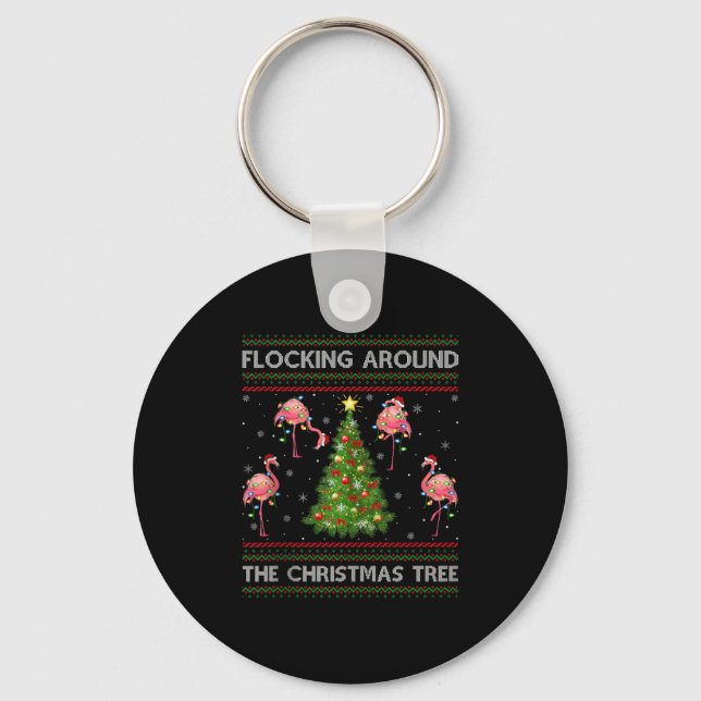 Flamingo Ugly Christmas Sweater Style Flamingo Bir Key Ring (Front)