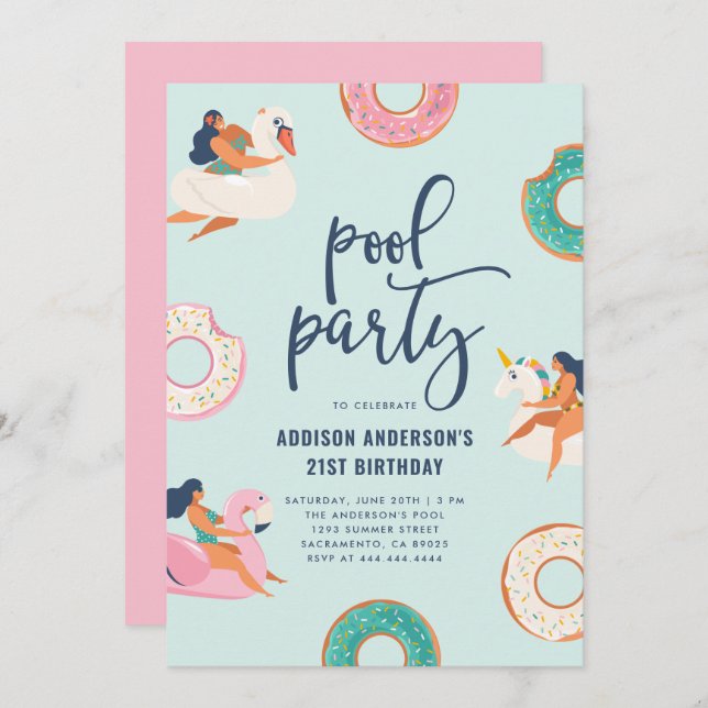 Flamingo & Unicorn Pool Party | Summer Birthday Invitation (Front/Back)