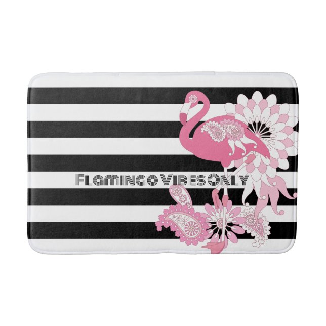 Flamingo Vibes Only Black & White Stripe Flamingo Bath Mat (Front)