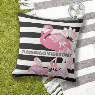 Flamingo Vibes Only Black & White Stripe Flamingo Cushion