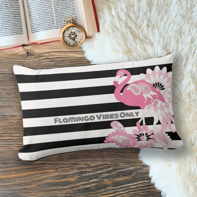 Flamingo Vibes Only Black & White Stripe Flamingo Lumbar Cushion (Creator Uploaded)