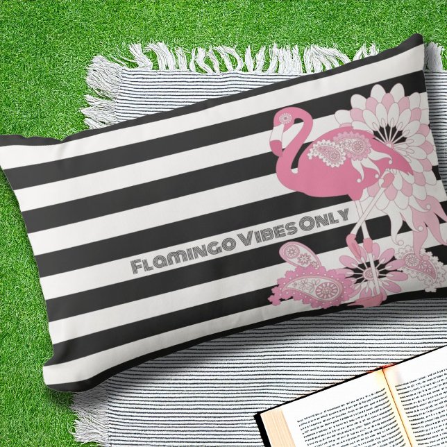 Flamingo Vibes Only - Black White Stripe Flamingo Lumbar Cushion (Creator Uploaded)