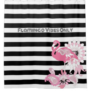 Flamingo Vibes Only Black & White Stripe Flamingo Shower Curtain