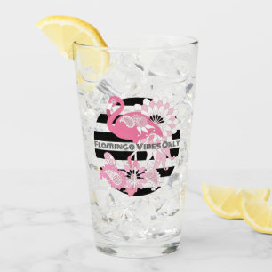 Flamingo Vibes Only Black & White Stripes Flamingo Glass