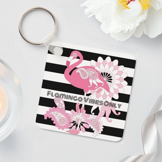 Flamingo Vibes Only Black & White Stripes Flamingo Key Ring (Creator Uploaded)