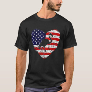 Flamingo Vintage American Flag Love Heart T-Shirt