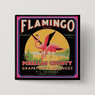 Flamingo Vintage Fruit Crate Label Button Pin