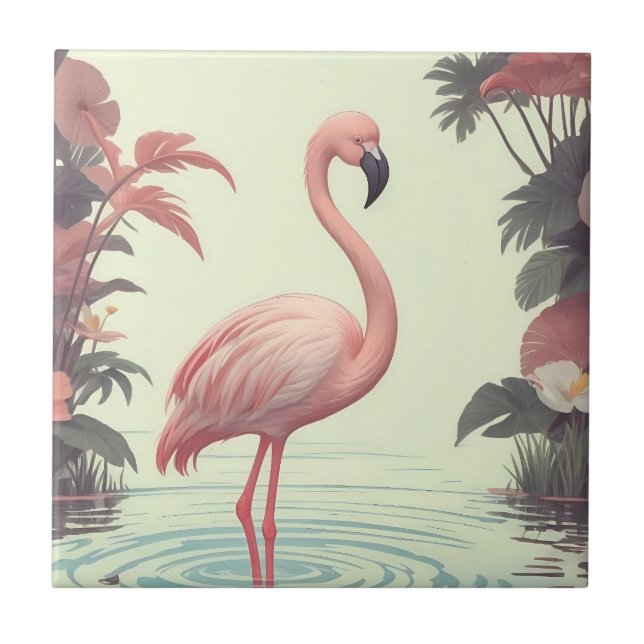 Flamingo Vintage Pink Bird Tile (Front)