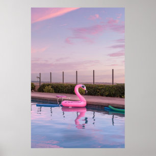 Flamingo water floater in swimming pool poster