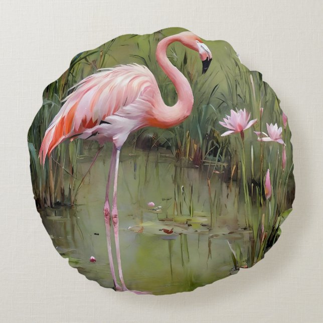 Flamingo Water Lilies And Reeds Oil Painting, Round Cushion (Back)