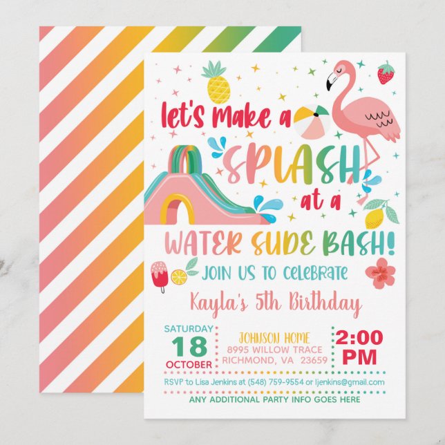 Flamingo Water Slide Birthday Invitation (Front/Back)