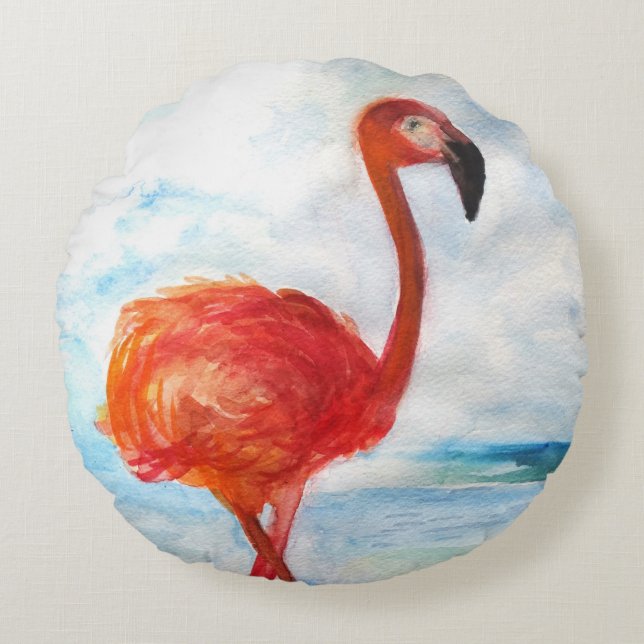 Flamingo Watercolor Art Round Throw Pillow (Front)