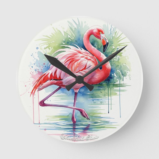 Flamingo Watercolor Wall Clock (Front)