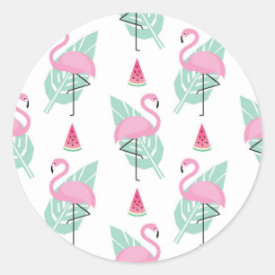 Flamingo & Watermelon Pastel Pattern Classic Round Sticker