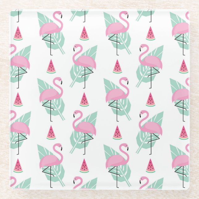 Flamingo & Watermelon Pastel Pattern Glass Coaster (Front)
