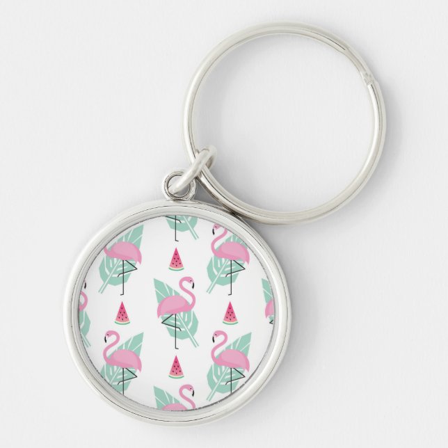 Flamingo & Watermelon Pastel Pattern Key Ring (Front)