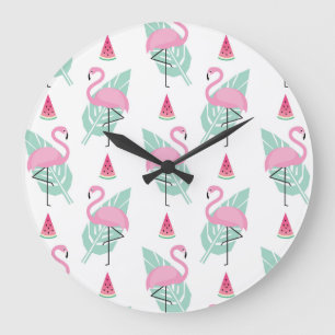 Flamingo & Watermelon Pastel Pattern Large Clock