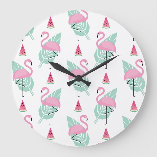 Flamingo & Watermelon Pastel Pattern Large Clock (Front)