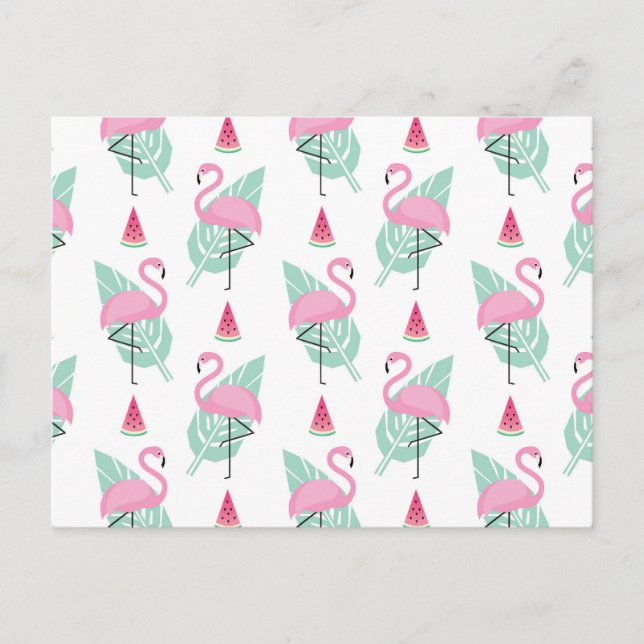 Flamingo & Watermelon Pastel Pattern Postcard (Front)