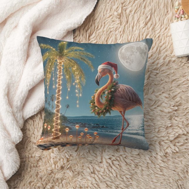 Flamingo Wearing a Christmas Wreath Cushion (Blanket)
