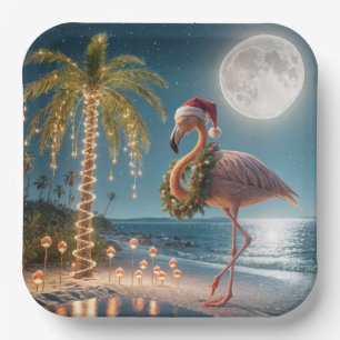 Flamingo Wearing a Christmas Wreath Paper Plate