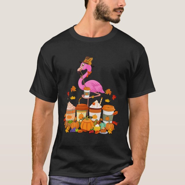 Flamingo Wearing Hat Fall Coffee Cups Lover  T-Shirt (Front)