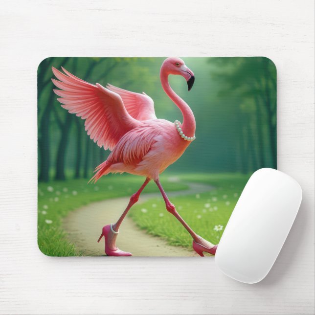 Flamingo Wearing High Heels and Pearls Mouse Mat (With Mouse)