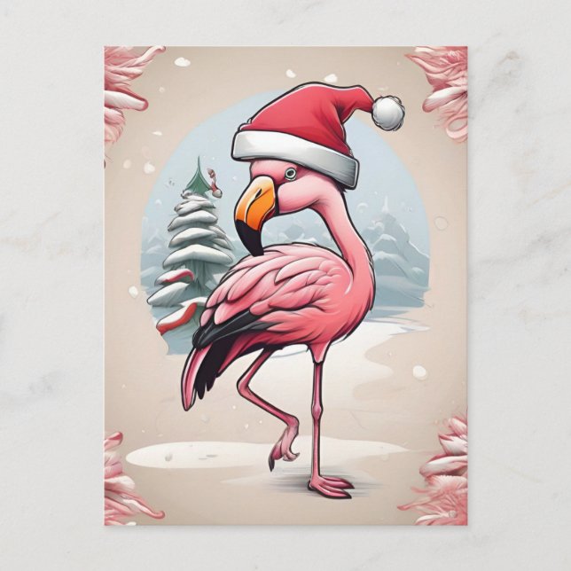 Flamingo wearing santa hat beside Christmas tree Postcard (Front)