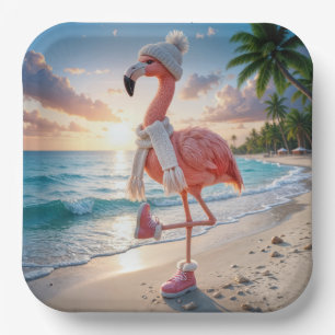 Flamingo Wearing Winter Boots and Scarf Paper Plate