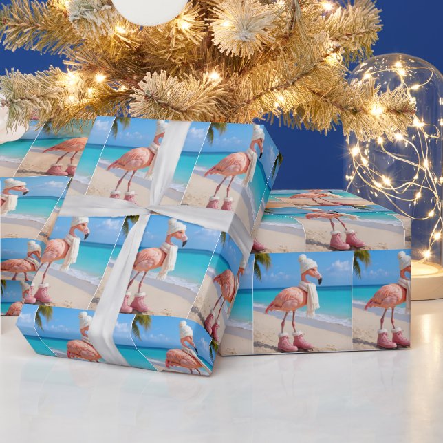 Flamingo Wearing Winter Hat and Scarf Wrapping Paper (Holidays)