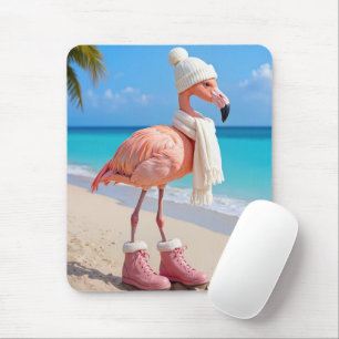 Flamingo Wearing Winter Scarf and Boots Mouse Mat