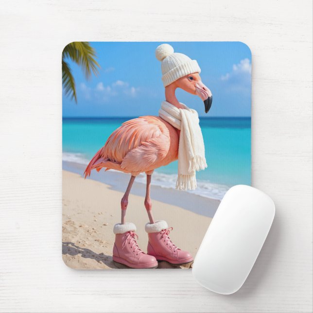 Flamingo Wearing Winter Scarf and Boots Mouse Mat (With Mouse)