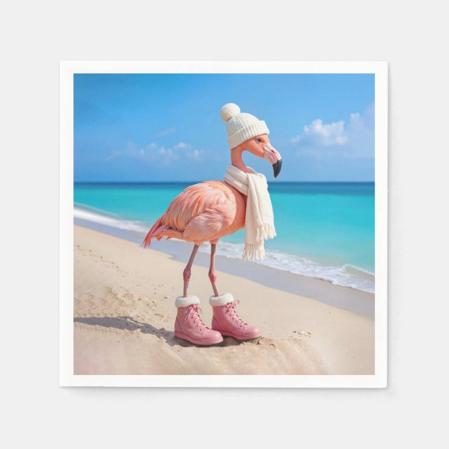 Flamingo Wearing Winter Scarf and Hat Napkin (Front)