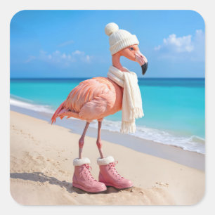 Flamingo Wearing Winter Scarf and Hat Square Sticker