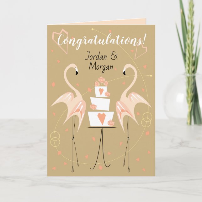 Flamingo Wedding Congratulations Names peach  Card (Front)