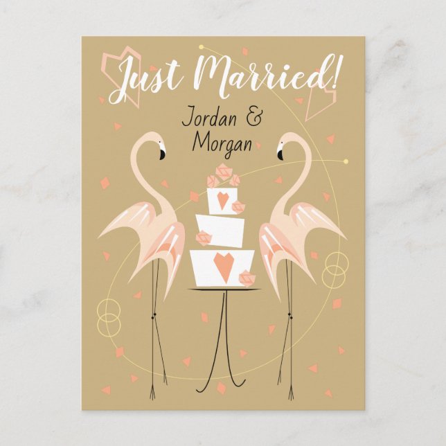 Flamingo Wedding Just Married Names portrait Postcard (Front)