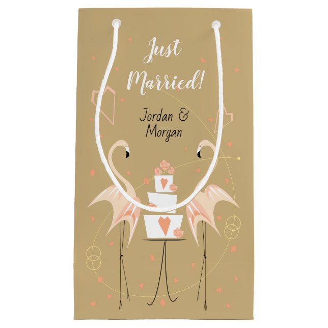 Flamingo Wedding Just married! Names Small Gift Bag (Front)