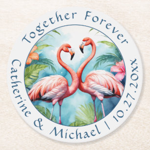 Flamingo Wedding Round Paper Coaster